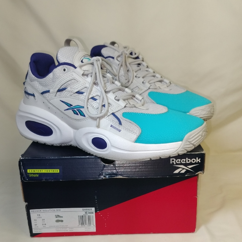 Reebok Solution Mid Sneakers in Teal and White